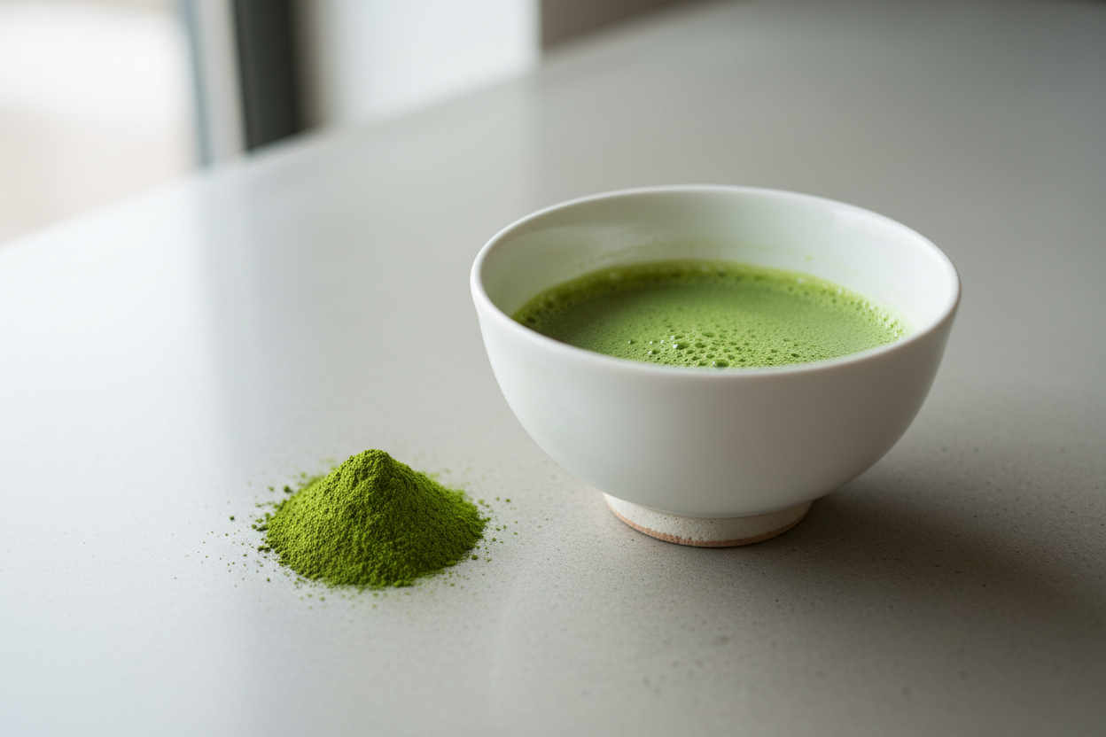 Chawan bowl with vibrant green ceremonial matcha and a small pile of matcha powder on a clean countertop