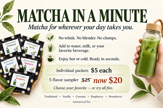 Matcha in a Minute five-flavor sampler with Traditional, Vanilla, Coconut, Raspberry, and Strawberry packets beside a cold matcha drink