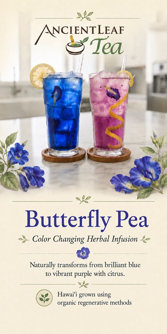 Butterfly Pea color-changing herbal infusion label showing blue and pink tea with citrus and butterfly pea flowers