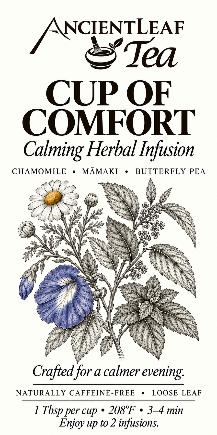 Cup of Comfort calming herbal infusion tea bag featuring chamomile, māmaki, and butterfly pea flower