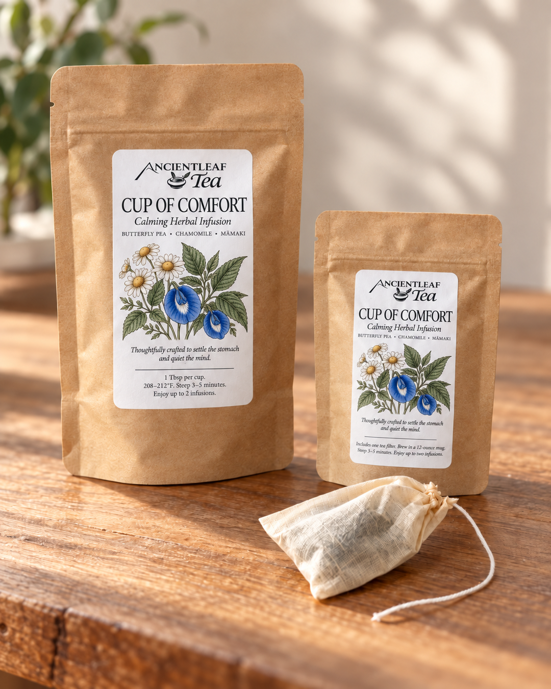Cup of Comfort medium and sample size tea bags with an enclosed tea filter for size comparison
