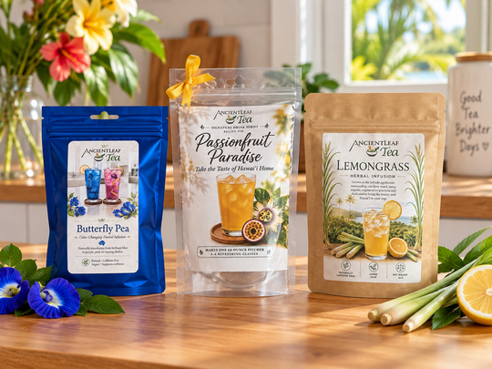Farmstand Favorites Trio featuring Passionfruit Paradise, Lemongrass Lemonade, and Butterfly Pea drink products on a tropical kitchen counter