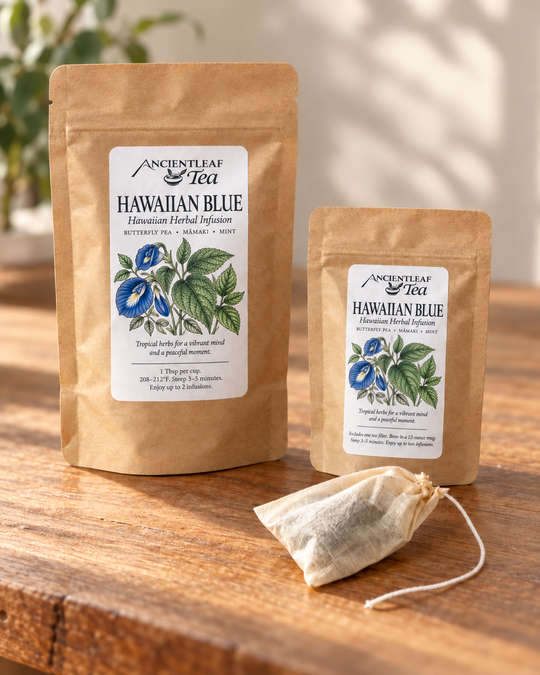 Hawaiian Blue medium and sample size tea bags with an enclosed tea filter for size comparison