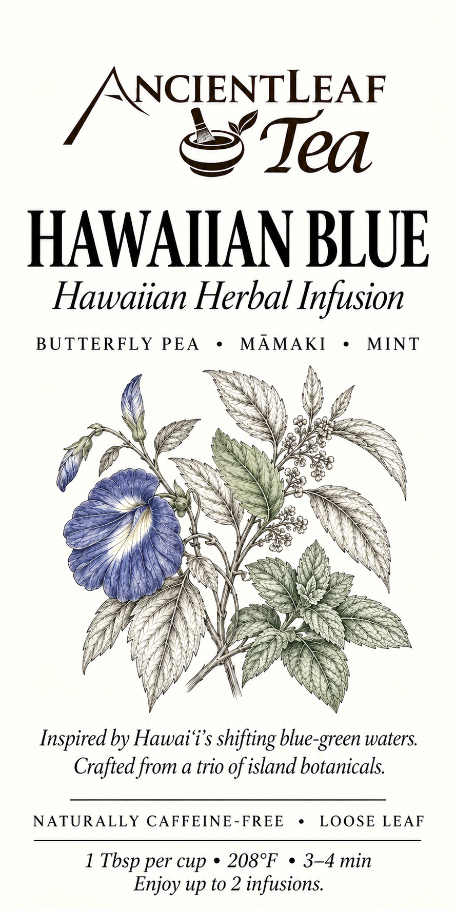 Hawaiian Blue Hawaiian herbal infusion tea bag featuring butterfly pea, māmaki, and spearmint