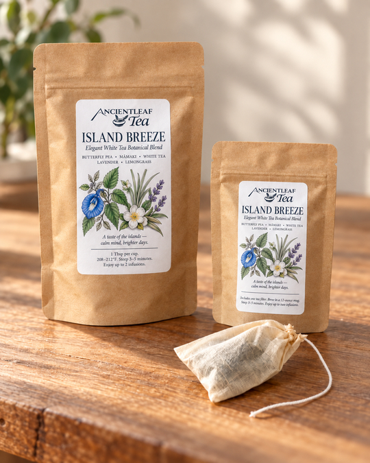 Island Breeze medium and sample size tea bags with an enclosed tea filter for size comparison