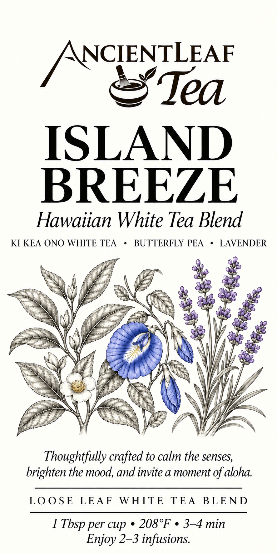 Island Breeze Hawaiian white tea blend bag featuring butterfly pea flower and lavender
