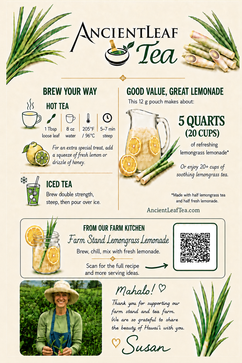 Ancient Leaf Tea Lemongrass pouch back label with hot tea, iced tea, and lemonade preparation instructions