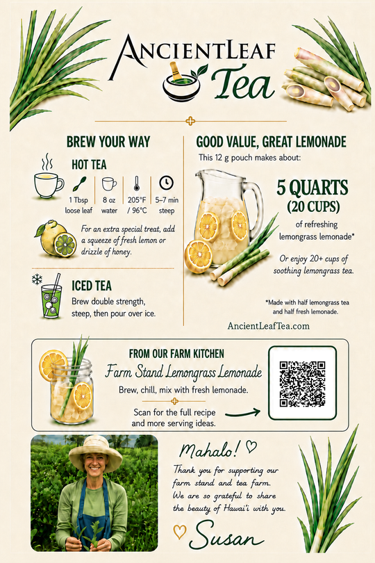 Ancient Leaf Tea Lemongrass pouch back label with hot tea, iced tea, and lemonade preparation instructions