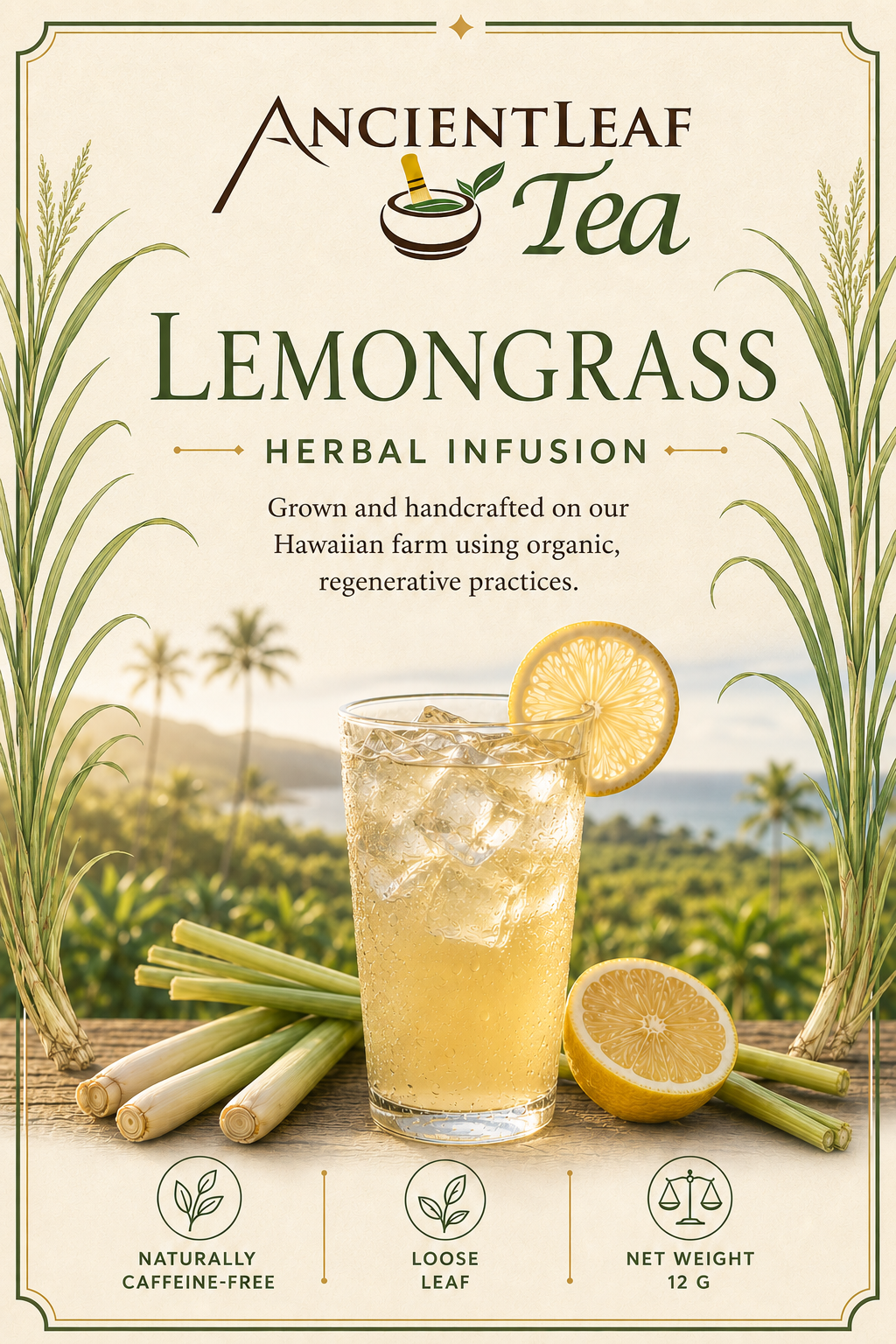 Ancient Leaf Tea Lemongrass pouch front label with a glass of lemongrass lemonade
