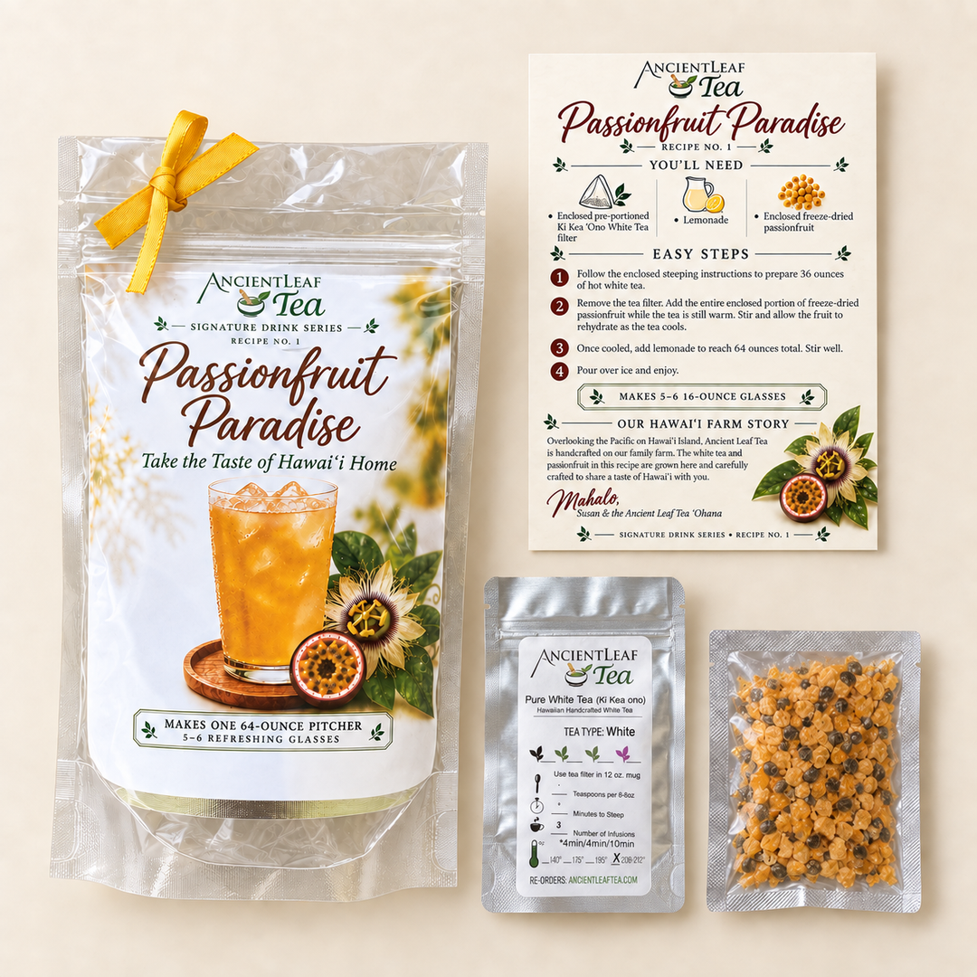 Passionfruit Paradise kit contents with white tea, freeze-dried passionfruit, and recipe card