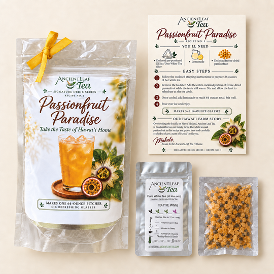 Passionfruit Paradise kit contents with white tea, freeze-dried passionfruit, and recipe card