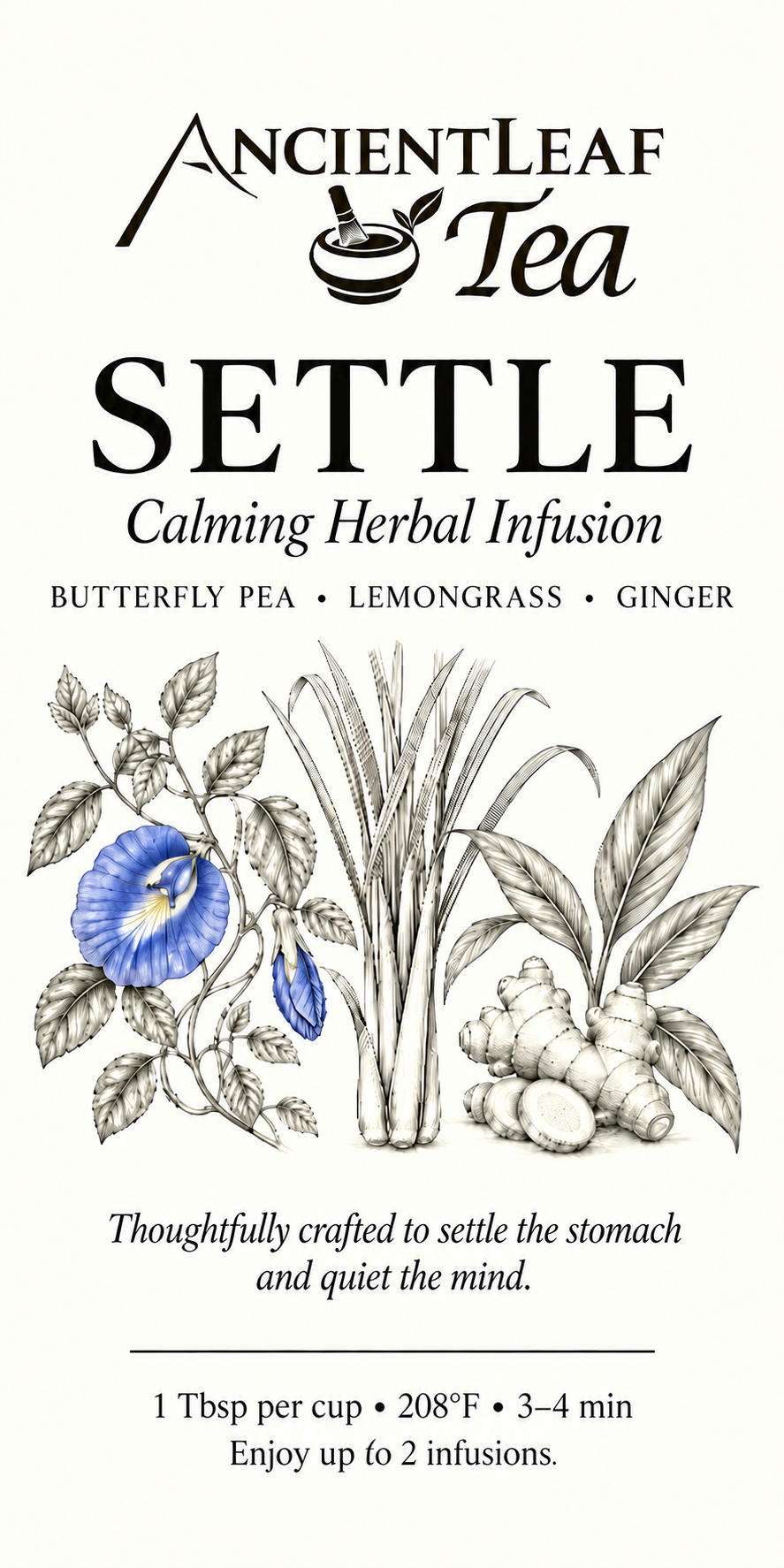 Settle calming herbal infusion tea bag featuring butterfly pea, lemongrass, and ginger