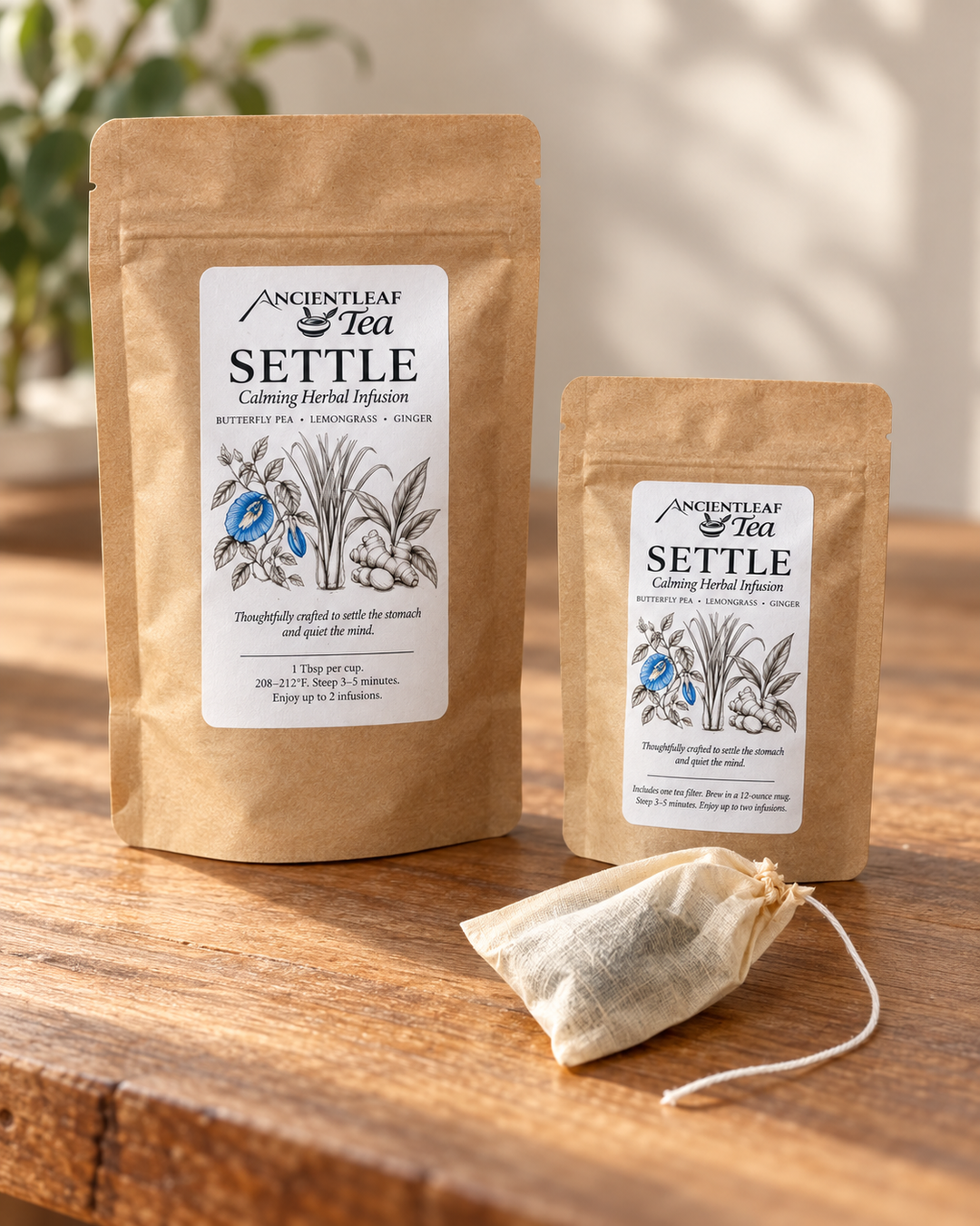Settle medium and sample size tea bags with an enclosed tea filter for size comparison