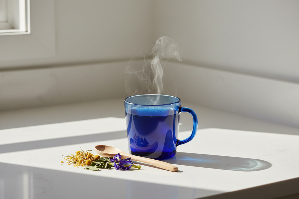 Steaming blue herbal tea in a clear blue glass mug on a white kitchen counter with a wooden spoon, chamomile, māmaki, and butterfly pea.