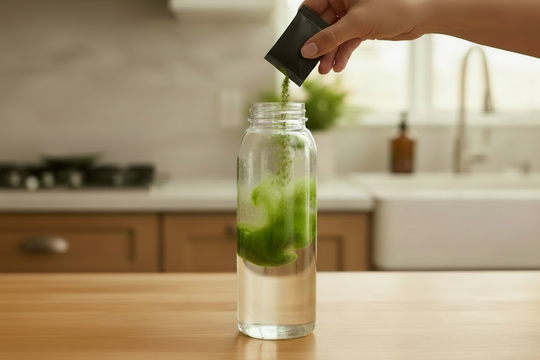 Matcha powder being poured from a broad square black single-serve packet into clear water, creating a clean green swirl in a reusable bottle