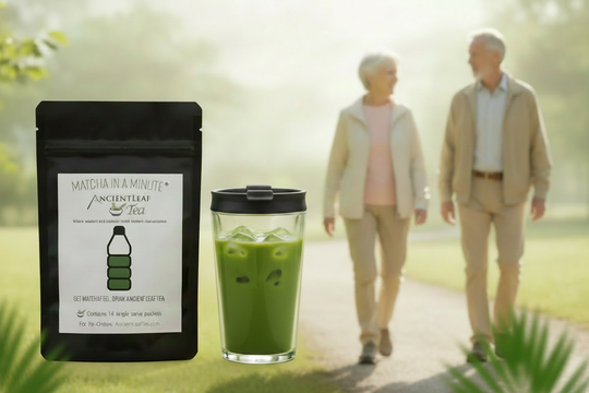 Matcha in a Minute 14-packet bag beside a clear glass travel tumbler filled with green iced matcha, with mature adults walking outdoors in the background