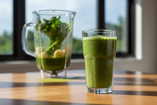 Bright green smoothie made with culinary matcha in a sunlit kitchen