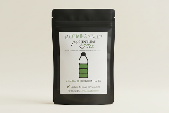 Matcha in a Minute 14-packet bag with the Ancient Leaf Tea front label on a clean light background