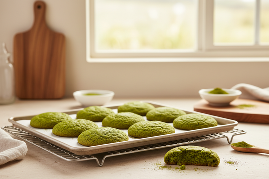 Fresh-baked vibrant green matcha cookies cooling in a bright clean kitchen, with one cookie broken open