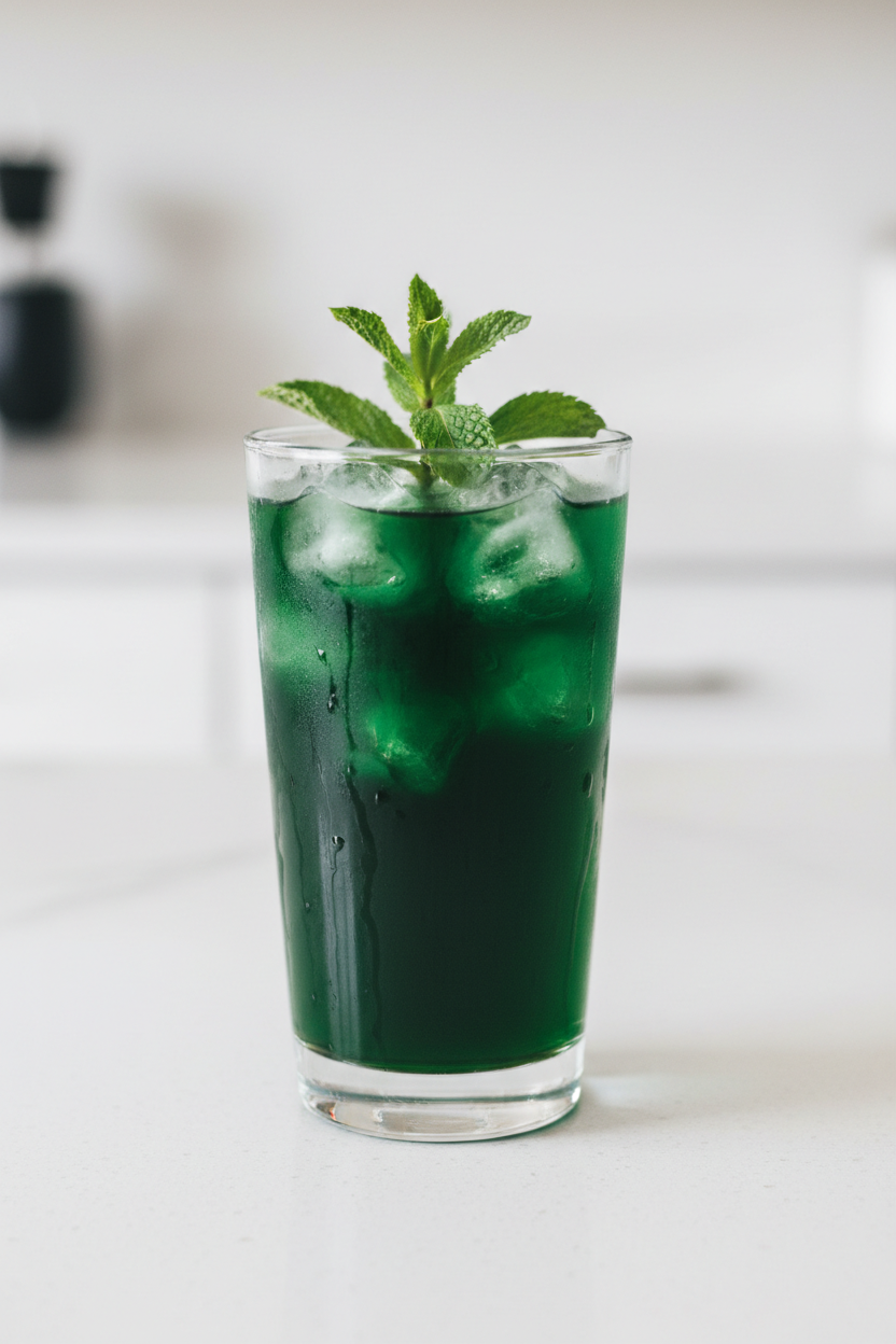 Tall glass of deep emerald green Hawaiian Blue iced herbal tea on a white countertop