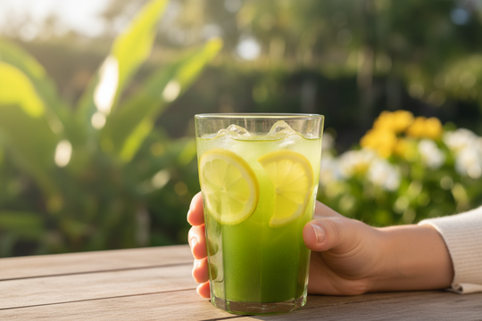Bright green iced matcha lemonade with lemon slices and ice, held in warm Hawaiian sunlight outdoors
